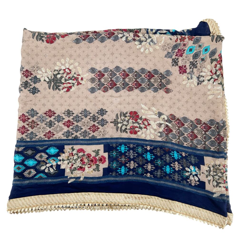 Pakistani Dupatta Indian‎ Sequin Floral Embroidered Art Deco Cottagecore Boho
